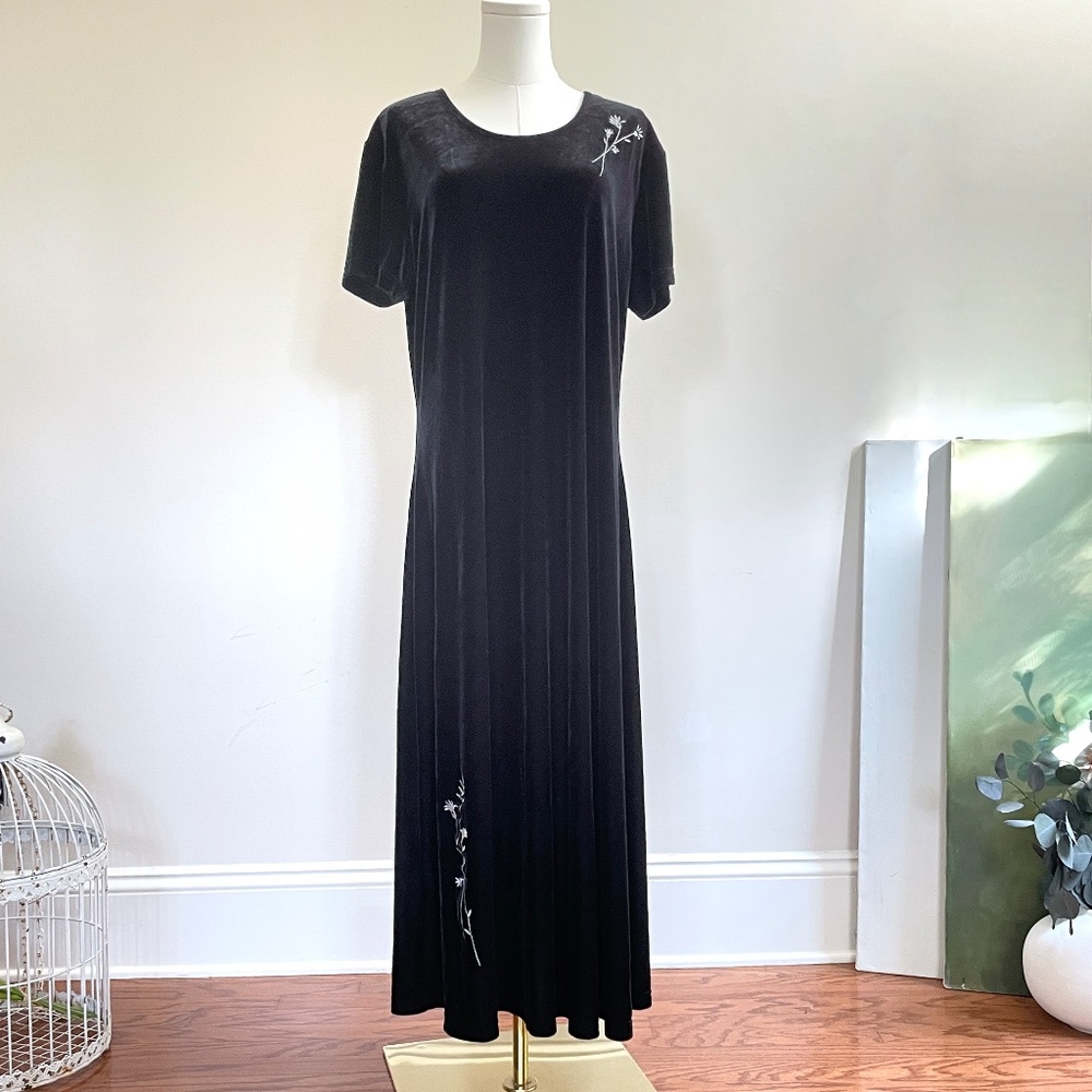 Vintage Y2K Velvet Maxi Dress XL Embroider Whimsigoth Dark Romantic Fairy Grunge